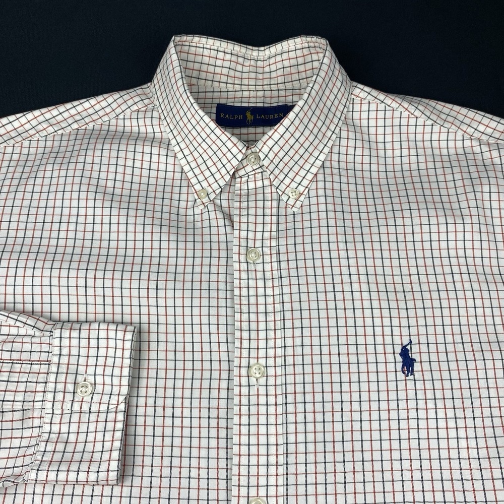 Ralph Lauren Shirt Mens 16.5 White w/Red & Black Checks Long Sleeves